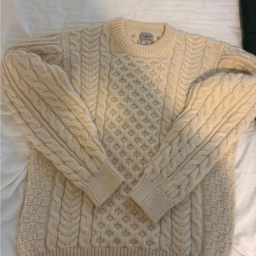 L.L. Bean Cream Crewneck Sweater with Cable Knit Design